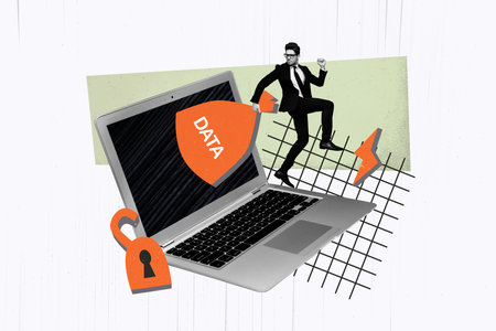 Creative collage poster young man entrepreneur steal user data decode unlock access laptop fraud...