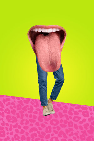 Photo artwork collage creative illustration of absurd person mouth tongue instead body legs stick isolated on green color backgroundの写真素材