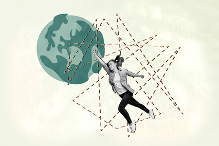 Collage artwork graphics picture of purposeful lady flying around world isolated painting beige...