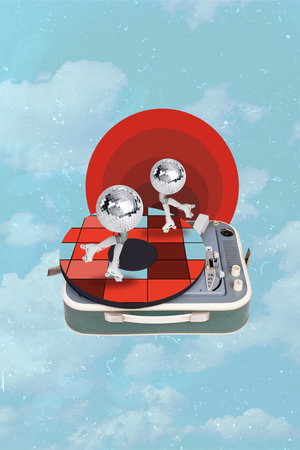 Vertical collage creative poster illustration monochrome effect legs ball ride roller vintage vinyl...