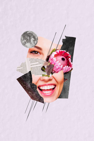 Collage poster picture of happy smiling woman face with healthy teeth and skin natural care concept...