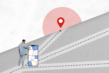 Creative drawing collage picture of mobile phone choose destination geolocation location weird freak bizarre unusual fantasyの写真素材
