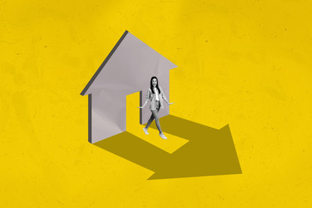 Creative drawing collage picture of girl owner mortgage buyer real estate new house billboard comics zine minimal sketch artworkの写真素材