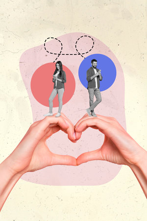 Abstract creative artwork template collage of charming couple chatting device walking arm heart gesture isolated beige color backgroundの写真素材