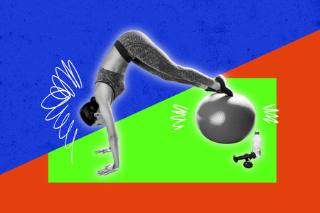 Horizontal art photo collage of fit sportswoman do pilates fitness exercise with fit ball effort...