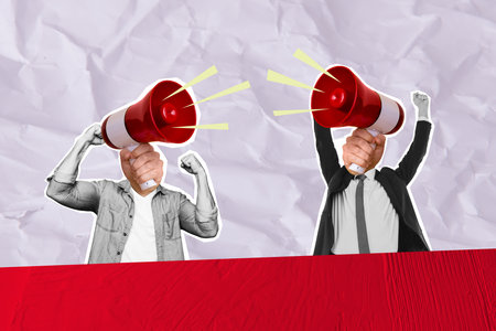 Picture collage banner of two weird people bullhorn instead head revolution demonstration parade...