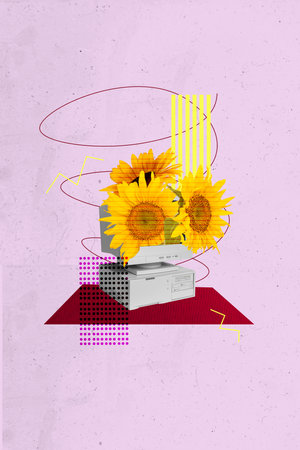 Vertical creative collage poster charming blooming flowers pc monitor vintage screen display bunch...