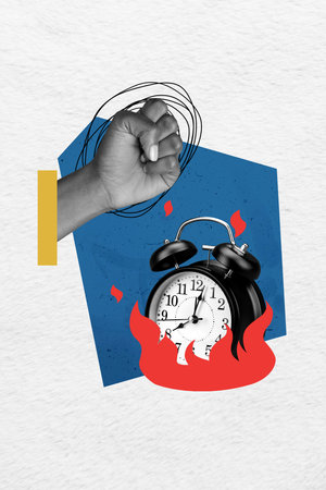 Vertical collage poster illustration black white filter aggressive human hand show fist burn clock...