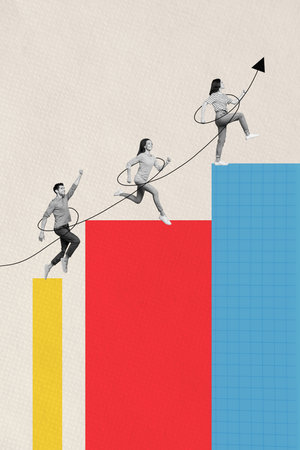 Magazine picture sketch collage image of purposeful workers having achieving success competition isolated beige color backgroundの写真素材