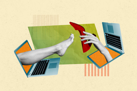 Horizontal contemporary photo collage of hand from laptop hold high heels reach feet to wear shoes...