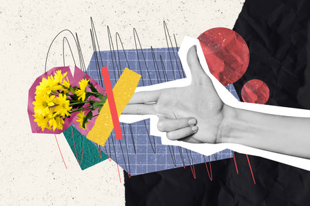 Horizontal creative unusual photo collage of fingers gun shooting yellow blossom flowers isolated on abstract backgroundの写真素材