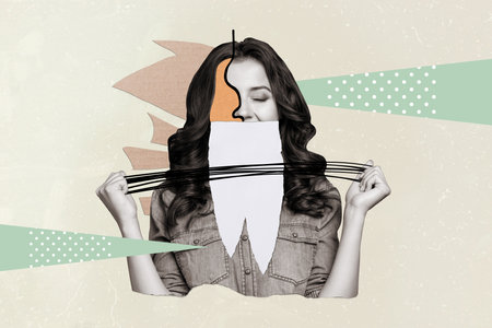Creative black white effect collage of happy woman solving problem have straight line free captivity