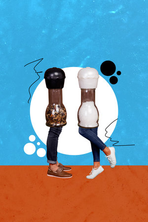 Vertical weird absurd photo collage of two people as salt and pepper shakers together caricature funny montage on creative backgroundの写真素材