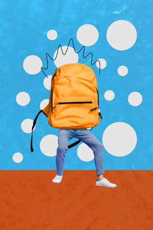 Vertical artwork composite collage photo of funny legs with backpack instead of body announcing sale...