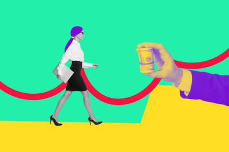 Collage sketch artwork of successful charming lady going receive salary usd banknotes isolated on painted backgroundの写真素材