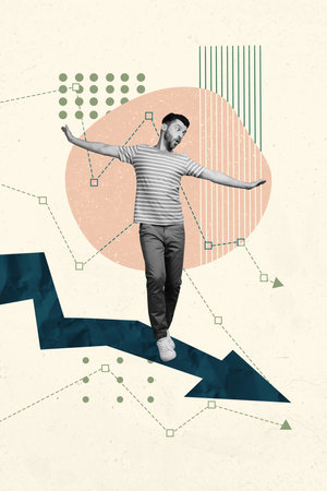 Vertical creative collage poster young man riding regression arrow go down bankruptcy money loss...
