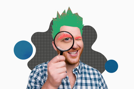 Artwork collage picture of funky funny attractive man looking through magnifier isolated on painted...