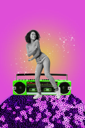 3d retro abstract creative artwork template collage of beautiful female boom box dancing enjoy party...