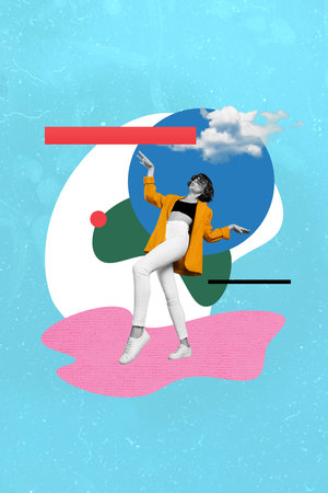 Vertical composite photo collage of carefree stylish girl dancing dreaming among clouds chill vide party on creative backgroundの写真素材