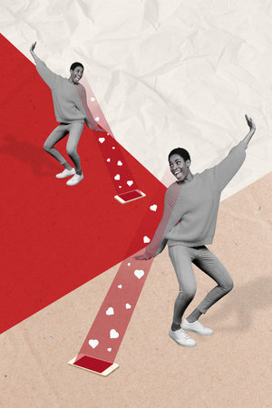 Vertical collage creative illustration image monochrome effect excited happy joyful young woman...