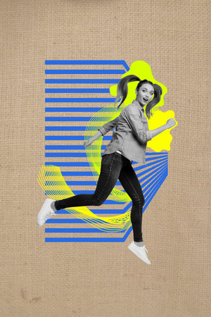 3d retro abstract creative artwork template collage of funny female running have fun shopping weird...