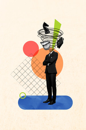 Collage picture of stressed depressed man weird faceless freak office worker isolated on drawing backgroundの写真素材