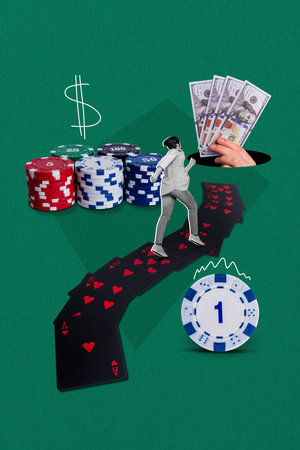 Vertical placard collage of funny man addicted player gambling games running to poker club get some...