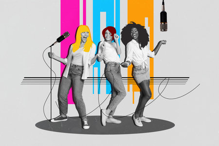 Photo collage creative picture group happy funky girls dancing sing vocalist pop music stage show performance drawing backgroundの写真素材