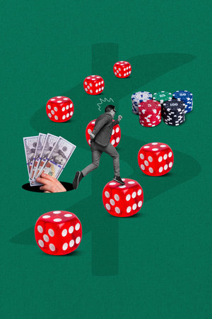 Creative vertical composite collage of running man reach dice cubes top wealthy player in casino...