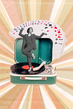 Collage artwork minimal picture of happy smiling lady dancing enjoying vegas vacation isolated...