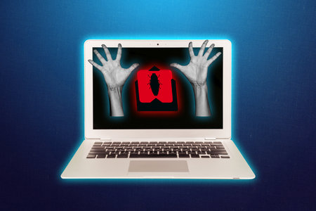 Creative poster collage of netbook screen hands bug error caution lure protection risk safety weird...