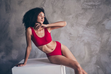 Studio photo of pretty sweet woman wear lingerie accepting herself empty space isolated no retouch daylight grey concrete wall backgroundの写真素材