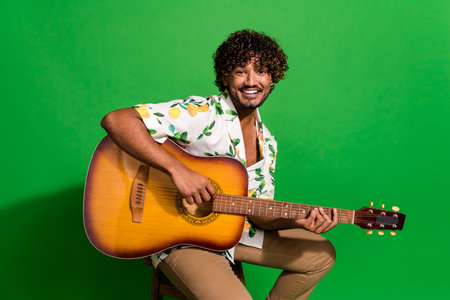 Photo portrait of handsome young guy sit chair guitarist wear trendy citrus print garment isolated...