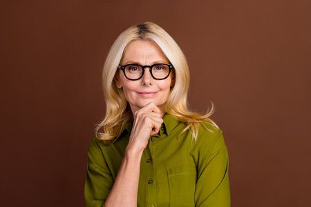 Portrait of optimistic person wear khaki outfit in eyewear hand on chin generate business ideas...