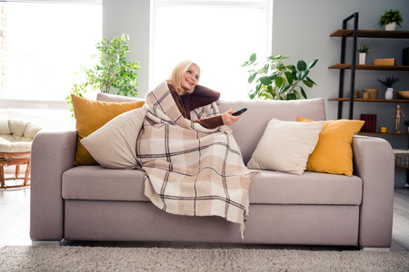 Photo of cheerful adorable lovey woman sitting comfy couch watching news on tv set indoorsの写真素材