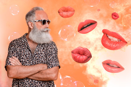 Creative collage of mysterious female lips look handsome wealthy millionaire man feel desire on...