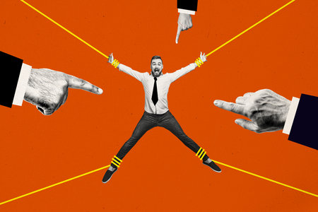 Collage picture magazine of big hand showing shouting guy hanging on rope with tied hands legs isolated on painted backgroundの写真素材