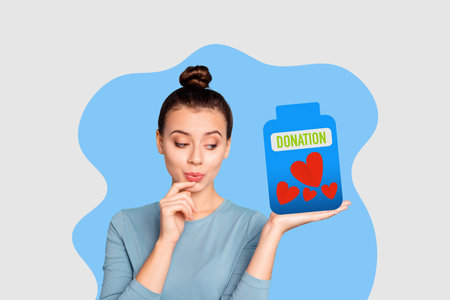 Horizontal drawing picture photo collage of young curious funny girl hold jar for donations full of hearts help refugee support ukraineの写真素材