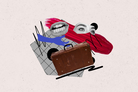 Creative face puzzle illustration collage of female element pieces constructor looking for new home with suitcase over beige backgroundの写真素材