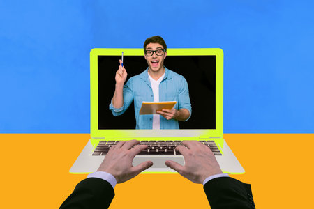 Horizontal creative photo collage of hands type on laptop miniature joyful male teacher on display...