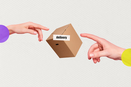 Horizontal composite design photo collage of hands holding carton pack container box parcel mail service delivery on textured backgroundの写真素材