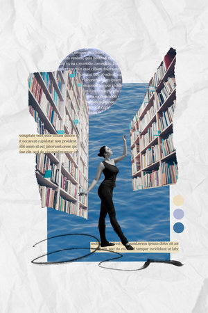 Vertical collage image of peaceful black white effect ballerina girl dance library book shelves full moon water isolated on paper backgroundの写真素材