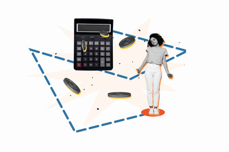 Creative collage banner standing young uncertain girl calculator accountant worker employee coins dollar financier economistの写真素材
