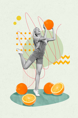 Vertical collage creative poster monochrome effect beautiful amazed happy young lady play ball fruit tropical citrus sale bannerの写真素材