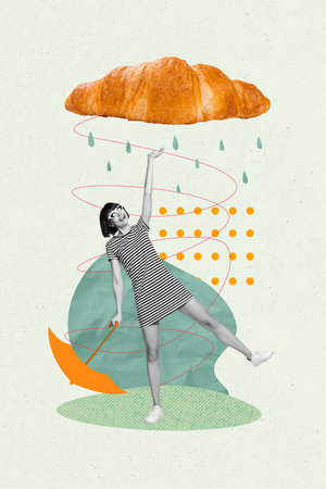 Vertical photo collage young happy girl standing raining weather outdoors huge croissant cloud holding umbrella drawing backgroundの写真素材