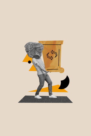 Picture collage image of young responsible man care for planet carry rubbish can isolated on drawing backgroundの写真素材