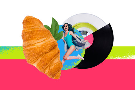 Creative trend collage of beautiful female weekend jump bikini croissant vinyl record enjoy beach party weird freak bizarre unusual fantasyの写真素材