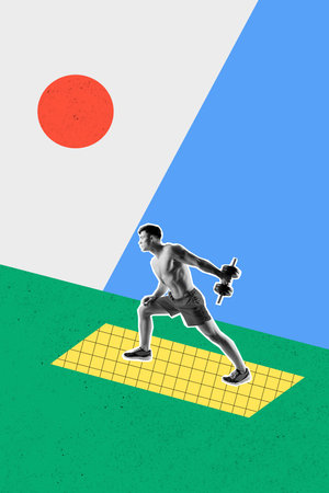 Vertical creative picture banner young sportive man practicing exercise dumbbell muscle power topless handsome guy gymnast bodybuilderの写真素材
