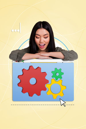 Vertical collage creative poster illustration happy beautiful smile young woman work software internet online cogwheel mechanism bannerの写真素材