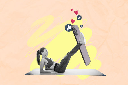 Abstract composite photo collage of popular pilates influencer make online stream get many subscribers isolated on creative backgroundの写真素材
